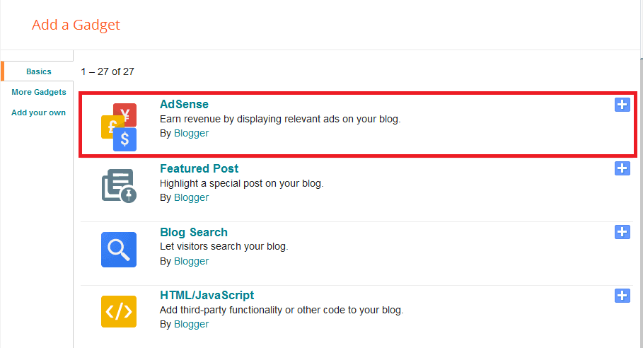 Adsense gadget blogger